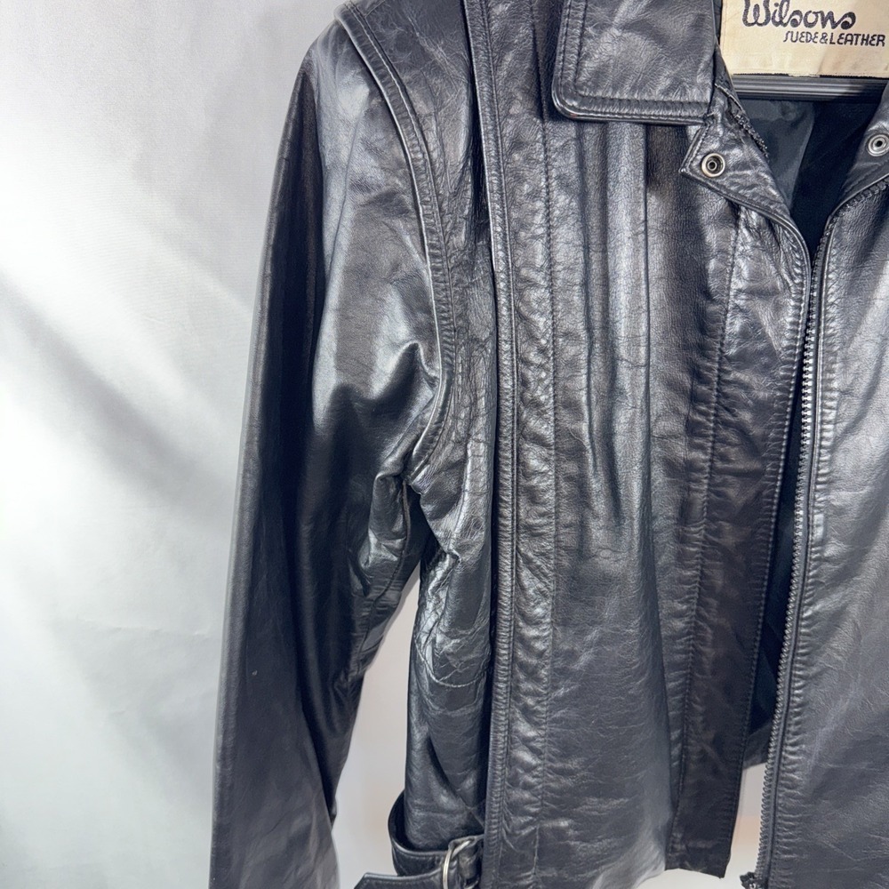 Vintage Bikercore Wilson's Black Leather Jacket Adjustable waist Pit -Pit = 18" - Picture 4 of 12